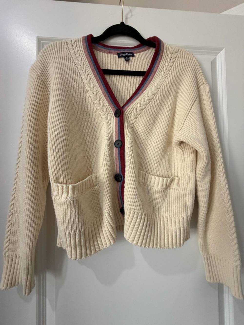 Cream V-Neck Cardigan with Red and Blue Stripe Trim